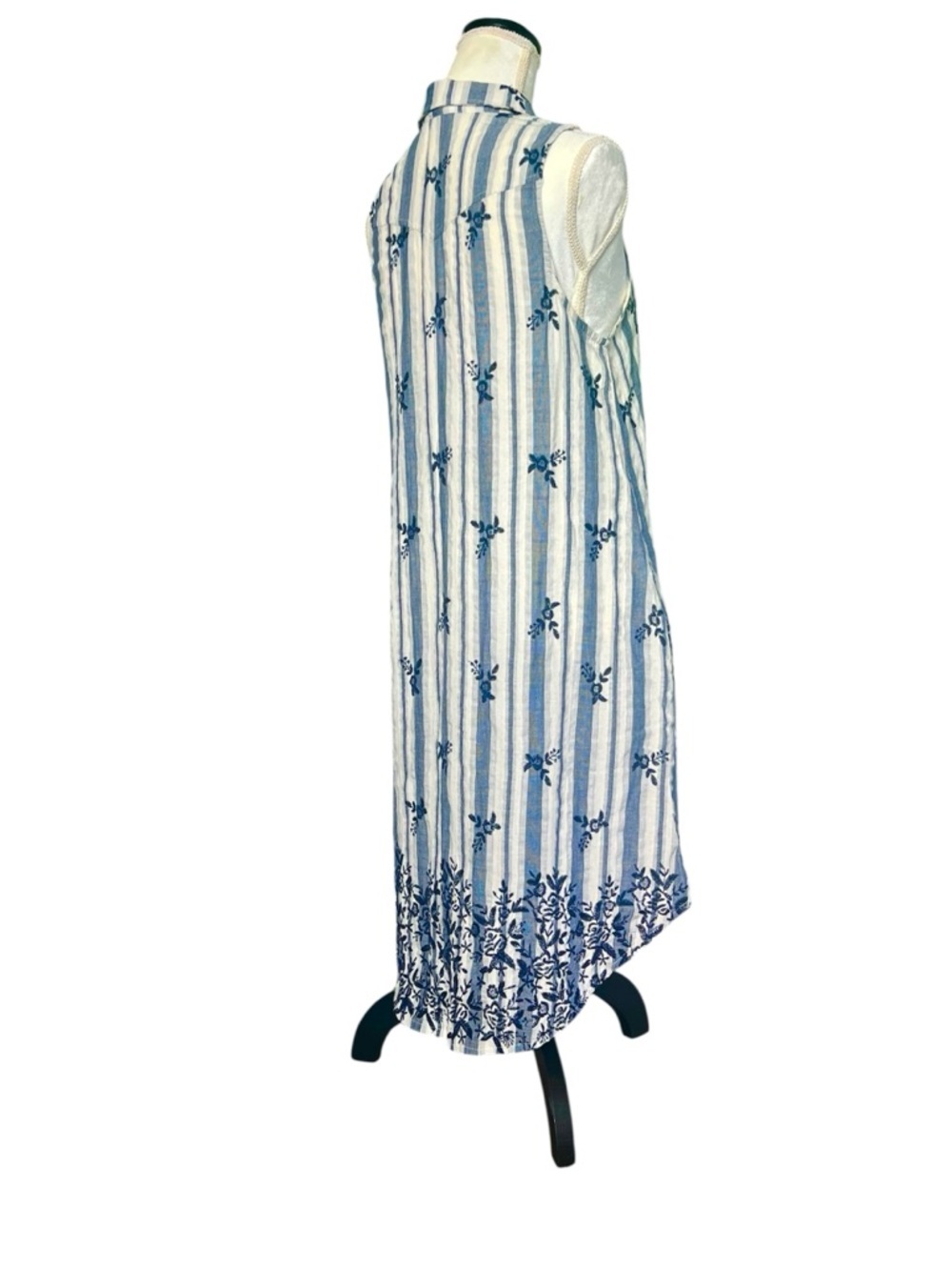 Boho Chic Embroidered Cotton Striped Appliqué Midi Dress Blue and Ivory Size S - Picture 3 of 12